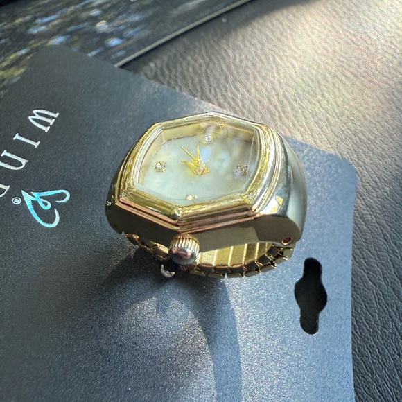 Windsor Gold Watch Ring Mother of Pearl Face & Crystal Accents (Adjustable Band) - Picture 3 of 11